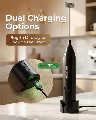 Vista 6 de Batidor eléctrico de mano recargable con espumador de leche – Base de carga USB, control de 3 velocidades, batidores intercambiables, mezclador