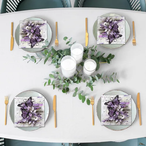 Vista 7 de AnyDesign 80 servilletas de papel de mariposa desechables de mariposas moradas, servilletas de almuerzo, estilo pintura al óleo, postre y cena