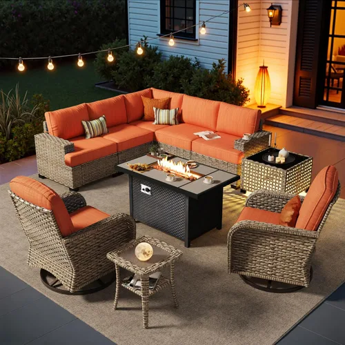 Vista 61 de HOOOWOOO Juego de muebles seccionales de patio con mesa de luz solar, 6 piezas de mimbre para exteriores, sofá en forma de L, juego de conversación
