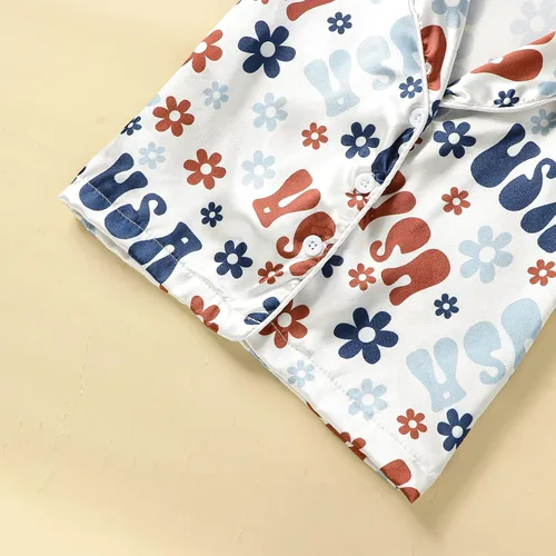 Vista 4 de Conjunto de pijama de satén para bebés y niños pequeños, pijamas de manga larga con botones para niñas 4 de julio
