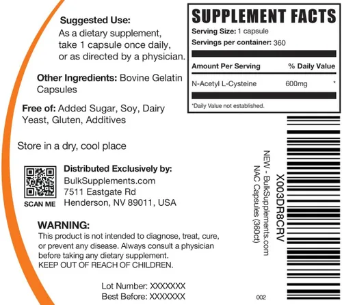 Vista 6 de BulkSupplements.com Cápsulas de N-Acetil L-Cisteína - Cisteína N-Acetil 600mg, Suplemento de NAC - 600mg por cápsula, Sin Gluten - 1 cápsula de NAC