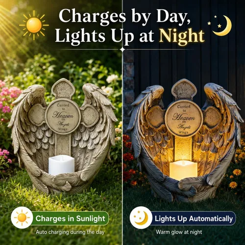Vista 2 de Estatua conmemorativa de alas de ángel solar con vela LED y cruz, decoración de tumbas de resina resistente a la intemperie para cementerio, regalos