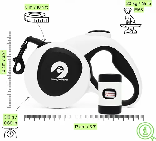 Vista 4 de Snuggle Paws - Correa retráctil para perro de 16 pies, todo en uno, con linterna LED, soporte para bolsa de excrementos, cable de acero resistente a