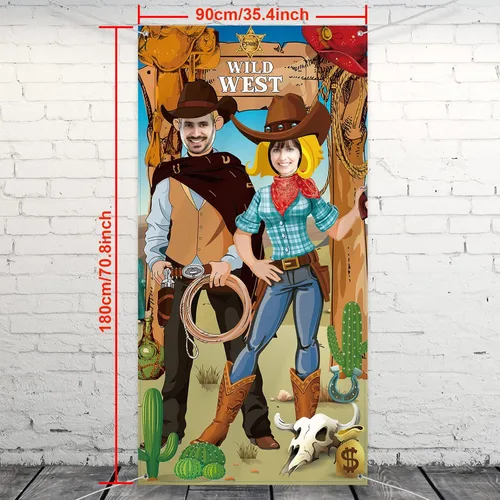 Vista 2 de Blulu Decoraciones de fiesta de fondo de vaquero occidental de 6 x 3 pies, decoración para cabina de fotos de rodeo del salvaje oeste, fondo
