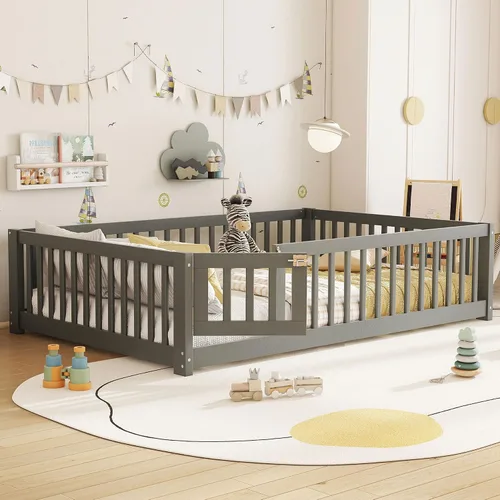 Vista 5 de Cama Montessori de tamaño matrimonial con tablillas, puerta y valla, cama Gris