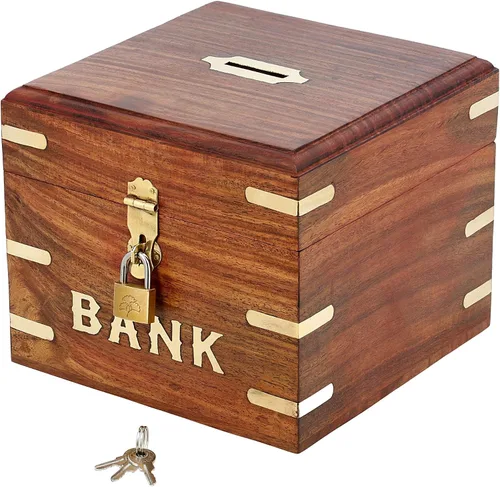 Vista 9 de Ajuny Banco de dinero de madera, hecho a mano, forma cuadrada, decorativa