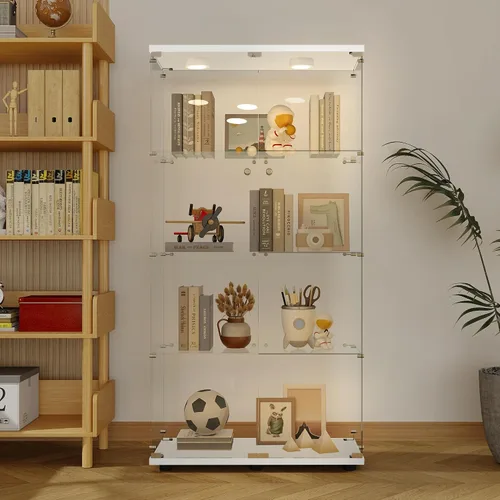 Vista 31 de Armario esquinero de cristal templado con 4 estantes de 64 pulgadas de alto, gabinete de licor de 5 lados con luces LED, bloqueo y pies ajustables