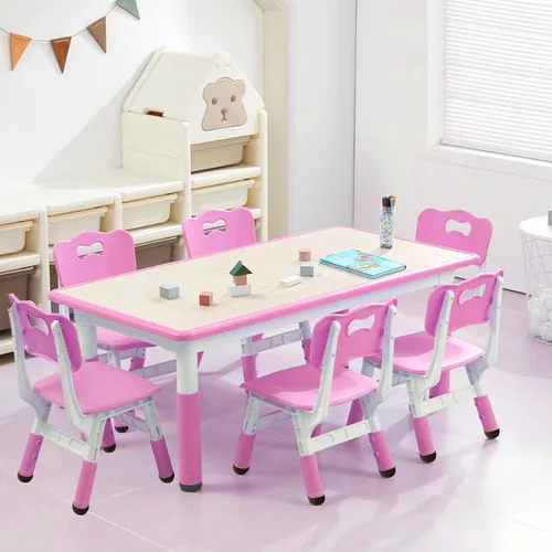 Vista 9 de Juego de mesa y sillas para niños, escritorio ajustable en altura con 6 asientos para edades de 2 a 10 años, mesa de arte y manualidades, escritorio