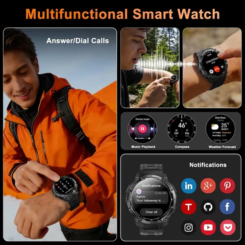 Vista 5 de Reloj inteligente militar resistente para hombre con GPS, reloj AMOLED de seguimiento de fitness de 1.43 pulgadas con llamada Bluetooth Negro