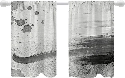 Vista 84 de Shrahala Beige and Orange Abstract Art Brushstrokes Blackout Curtain Tiers, Abstract Oil Paint Kitchen Valance Light Blocking Tier Drapes with Rod