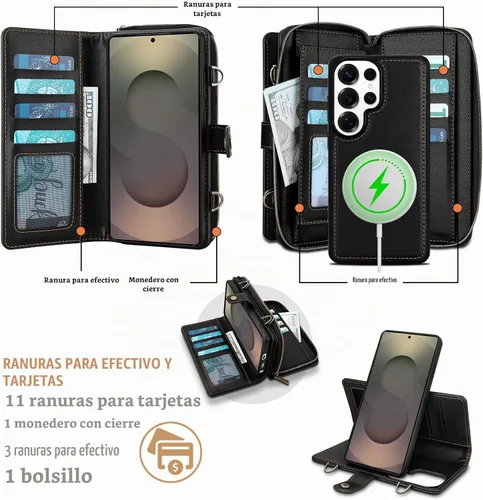 Vista 3 de Funda tipo cartera para Samsung Galaxy S25 Ultra, funda tipo cartera multifunción, desmontable 3 en 1 magnética para Galaxy S25 Ultra, funda