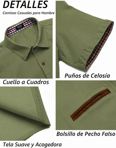 Vista 6 de COOFANDY Camisas casuales de manga corta de algodón con botones para hombre Verde militar