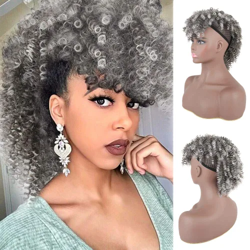 Vista 12 de Aisaide Cola de caballo afro Mohawk alta con flequillo sin cordón, extensión de cola de caballo corta rizada sin cordón, clip sintético en moño
