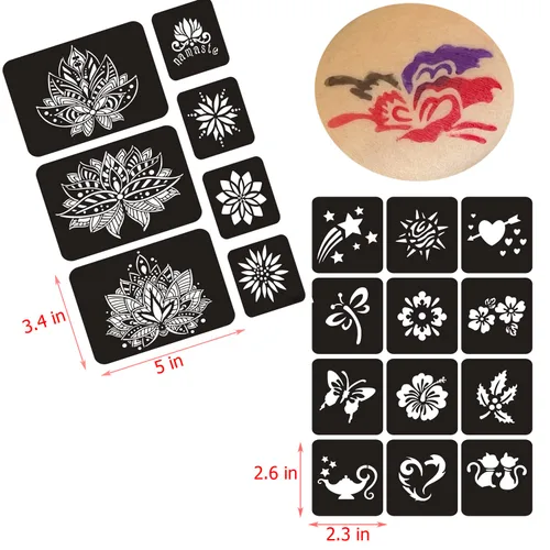 Vista 4 de Kit de Plantillas de Tatuajes Temporales de Henna de 16 Hojas, 72 PIEZAS Patrones de Animales y Flores Henna para Pintura Facial Plantillas de Arte