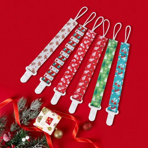 Vista 5 de Pinza para chupete para bebé, correa Paci, clips para bebés, niños y niñas, artículos esenciales para recién nacidos, paquete de 6 unidades (Navidad)