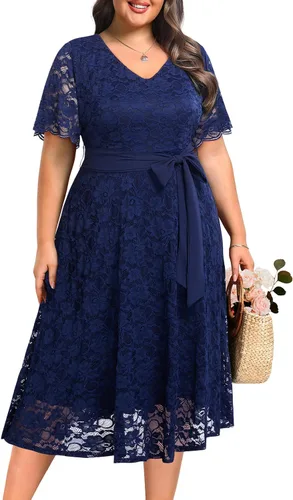 Vista 3 de Vestido midi de manga corta con encaje para mujer, talla grande, para despedida de soltera, invitada de boda, cóctel, semiformal, cuello en V