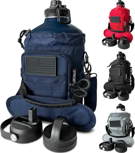 Vista 10 de Botella de agua de 1 galón, botella de agua de metal de acero inoxidable aislada de 128 onzas con soporte, bolsa de transporte, asa de boquilla Negro