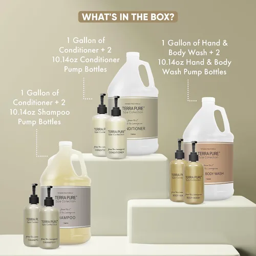 Vista 3 de Spa Collection Juego de galones y dispensadores Kit de amenidades 1-Shoppe Champú, acondicionador, gel de baño Botellas de bomba recargables