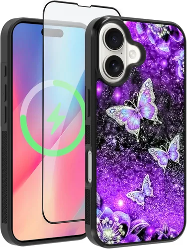 Vista 19 de OOK Diseños para iPhone 14 Pro Max Funda con Purpurina Mariposa Púrpura Diseño de Nebulosa Espacial PC Duro + TPU Suave Parachoques Antideslizante