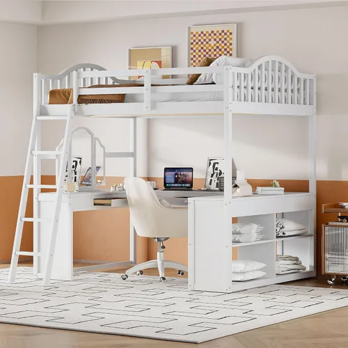 Vista 30 de Cama loft de madera tamaño matrimonial con escritorio en forma de U y espejo de tres pliegues, base de cama tipo loft multifunción con Espresso-10.16