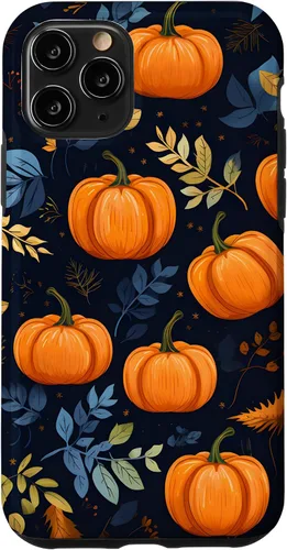 Vista 27 de iPhone 16 Calabazas y Hojas de Otoño Patrón Fondo Oscuro Caso