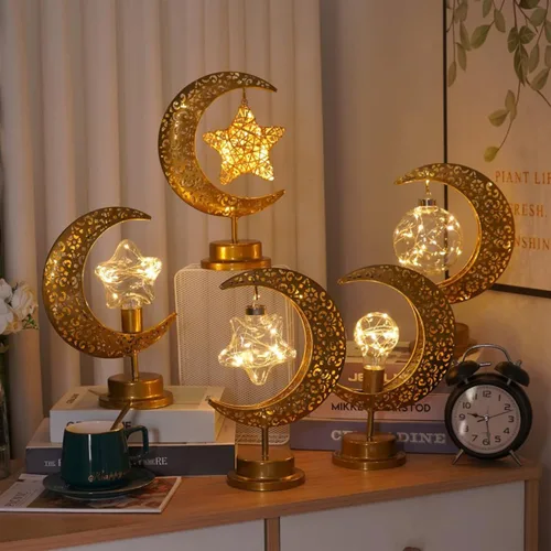 Vista 6 de NFNSIG Lámpara de mesa vintage de luna y estrella, lámpara de escritorio Ramadán con marco de metal, mosaico alimentado por pilas, media luna