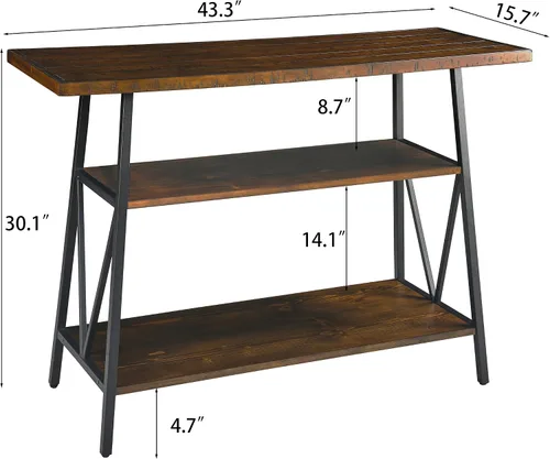 Vista 3 de Mesa consola con mesa dentada, mesa de entrada de madera maciza con estante de almacenamiento, mesa de pasillo rústica de 3 niveles, mesa de sofá