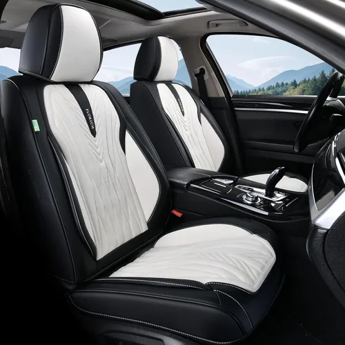 Vista 14 de FLORICH Juego completo de fundas para asiento de coche, fundas de asiento de cuero, fundas universales de lujo para 5 asientos en color negro