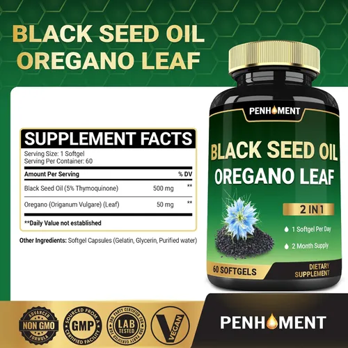 Vista 2 de 550 mg de aceite de semilla negra con aceite de orégano - 60 cápsulas blandas