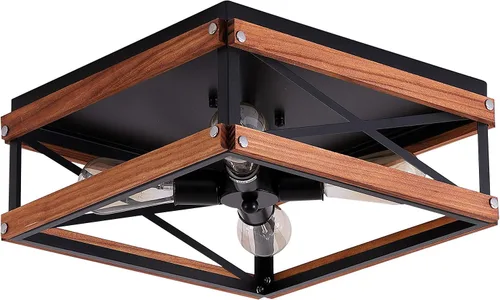 Vista 7 de Lámpara de techo rústica de 4 luces, de metal y madera, cuadrada, para pasillo, dormitorio, cocina, entrada, sala de estar, color negro