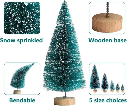 Vista 4 de 36 piezas de mini árboles de Navidad artificiales de plástico de sisal para botellas, árboles de nieve con base de madera para Navidad, hogar