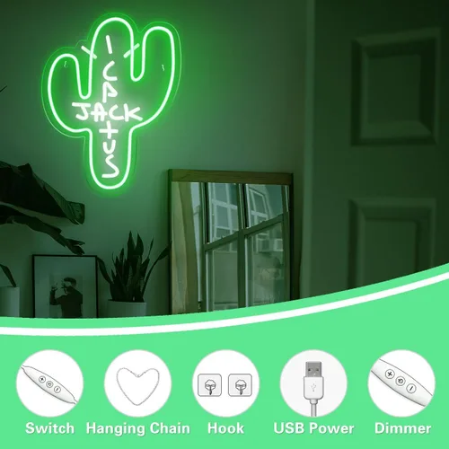 Vista 4 de Señal LED de neón Cactus Jack - Decoración regulable, luz de neón verde de Jack Cactus en forma de cactus para arte de pared del dormitorio
