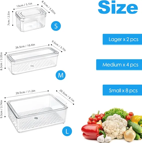 Vista 6 de Paquete de 14 contenedores organizadores de almacenamiento para refrigerador, contenedores transparentes apilables para almacenamiento de alimentos