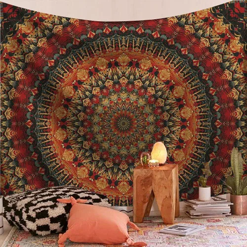 Vista 2 de FENDROM - Tapiz colorido y genial con mandala, artesanía popular, hindú, hippie, bohemio, para colgar en la pared, arte psicodélico floral