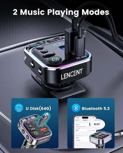 Vista 9 de LENCENT Bluetooth 5.3 Transmisor FM Adaptador de coche 48W (PD30W y QC18W) Fast Charger, Light Switch, HiFi Bass Sound Wireless Radio MP3 Music