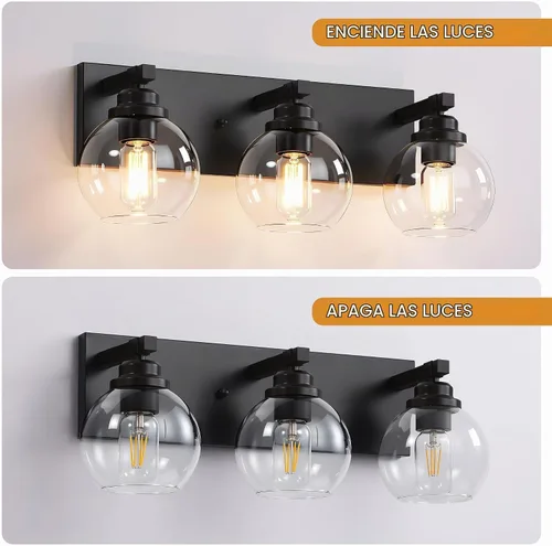 Vista 7 de LmnLvn Lámparas de baño, 3 luces de tocador de color negro mate, modernas lámparas de baño sobre espejo, luces de tocador de granja con pantalla