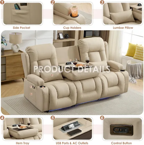 Vista 7 de TUNYI Wall Hugger - Sofá reclinable eléctrico para autocaravana, sofá biplaza reclinable con consola para teatro, sofá reclinable con USB/toma