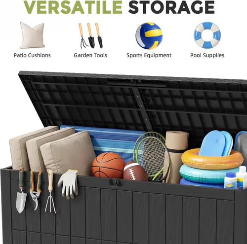 Vista 5 de Caja de almacenamiento para exteriores de 100 galones, con cerradura, impermeable, de resina, contenedor de almacenamiento para interiores