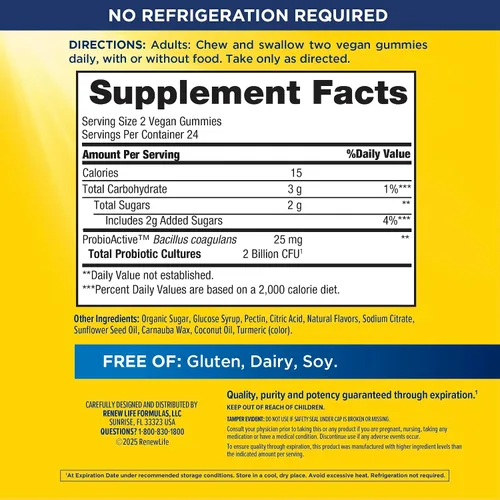 Vista 2 de Renew Life Extra Care Gomitas digestivas prebióticas y probióticas, suplemento diario para la salud digestiva e inmunológica, B. Coagulans y B.