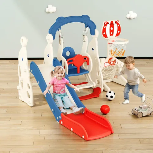 Vista 4 de Juego de tobogán para niños pequeños, 6 en 1, mejora con tobogán, columpio, fútbol y lanzamiento de anillos para niños de 1 a 3 años, parque