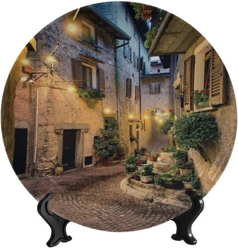 Vista 69 de Plato decorativo colgante de cerámica con temática de paisaje, plato decorativo redondo de plantas en maceta, con soporte decorativo, para sala