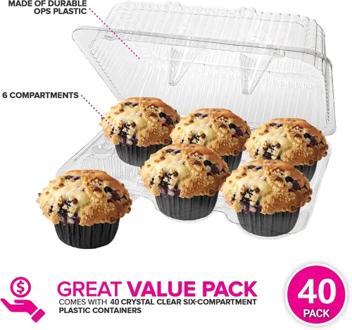 Vista 2 de Stock Your Home Recipientes de plástico desechables para cupcakes con 6 compartimentos (40 unidades) con tapa de cúpula conectada, sin BPA