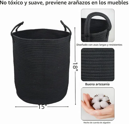 Vista 2 de XUANGUO Cesta de lavandería de cuerda de algodón negro para ropa grande