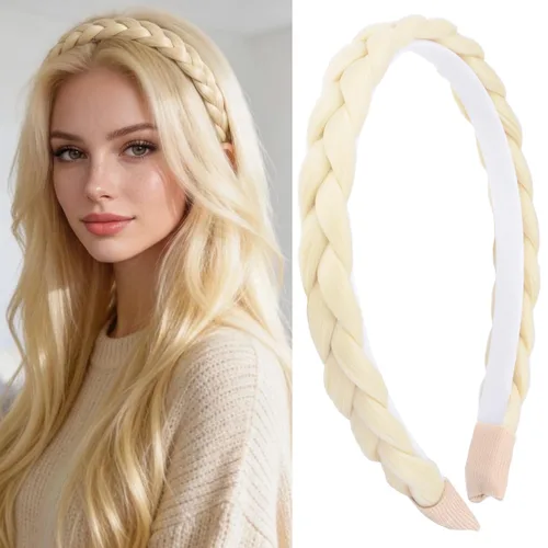Vista 28 de Ancho de 1.5 cm Banda de pelo sintético trenzada estrecha con dientes para mujeres y niñas (Negro)