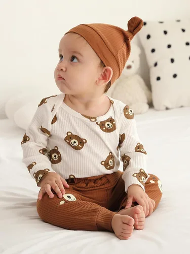 Vista 2 de Conjunto de 3 piezas de ropa de bebé recién nacido con estampado de manga larga + pantalones + sombrero