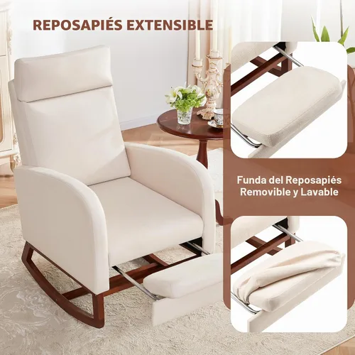 Vista 5 de Silla mecedora para guardería, balancín de respaldo alto con reposapiés, color beige Rocking Chair Nursery with Footrest Storage Pocket