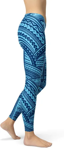Vista 3 de Satori_Stylez Maori Tattoo Leggings para mujer Ta Moko Tribal Polinesio Estampado Mediados Cintura Azul Pantalones