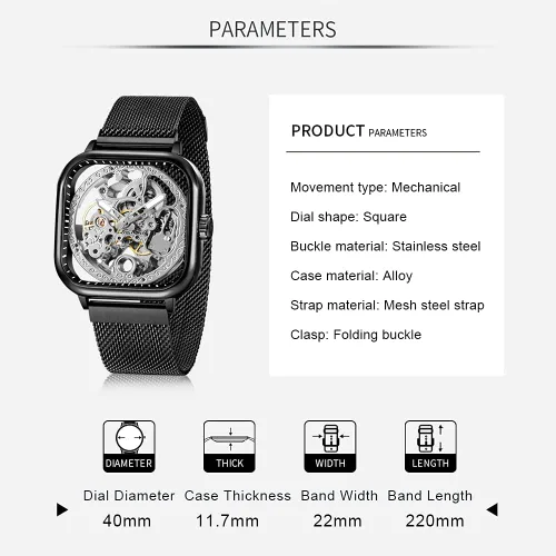 Vista 7 de Tiong Relojes automáticos de moda Reloj de pulsera mecánico dorado para hombre Relojes esqueleto con esfera transparente de acero inoxidable