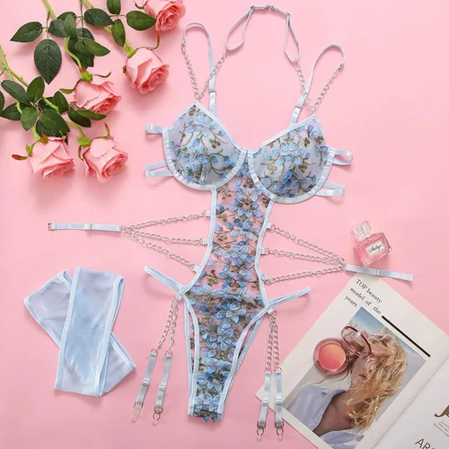 Vista 8 de Conjunto de lencería babydoll de una pieza con aros de lencería de una pieza con delantales con aros