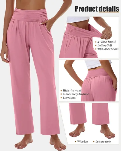 Vista 4 de 3 piezas de pantalones de yoga de pierna ancha para mujer, pantalones de descanso de cintura alta con bolsillos, pantalones deportivos de yoga